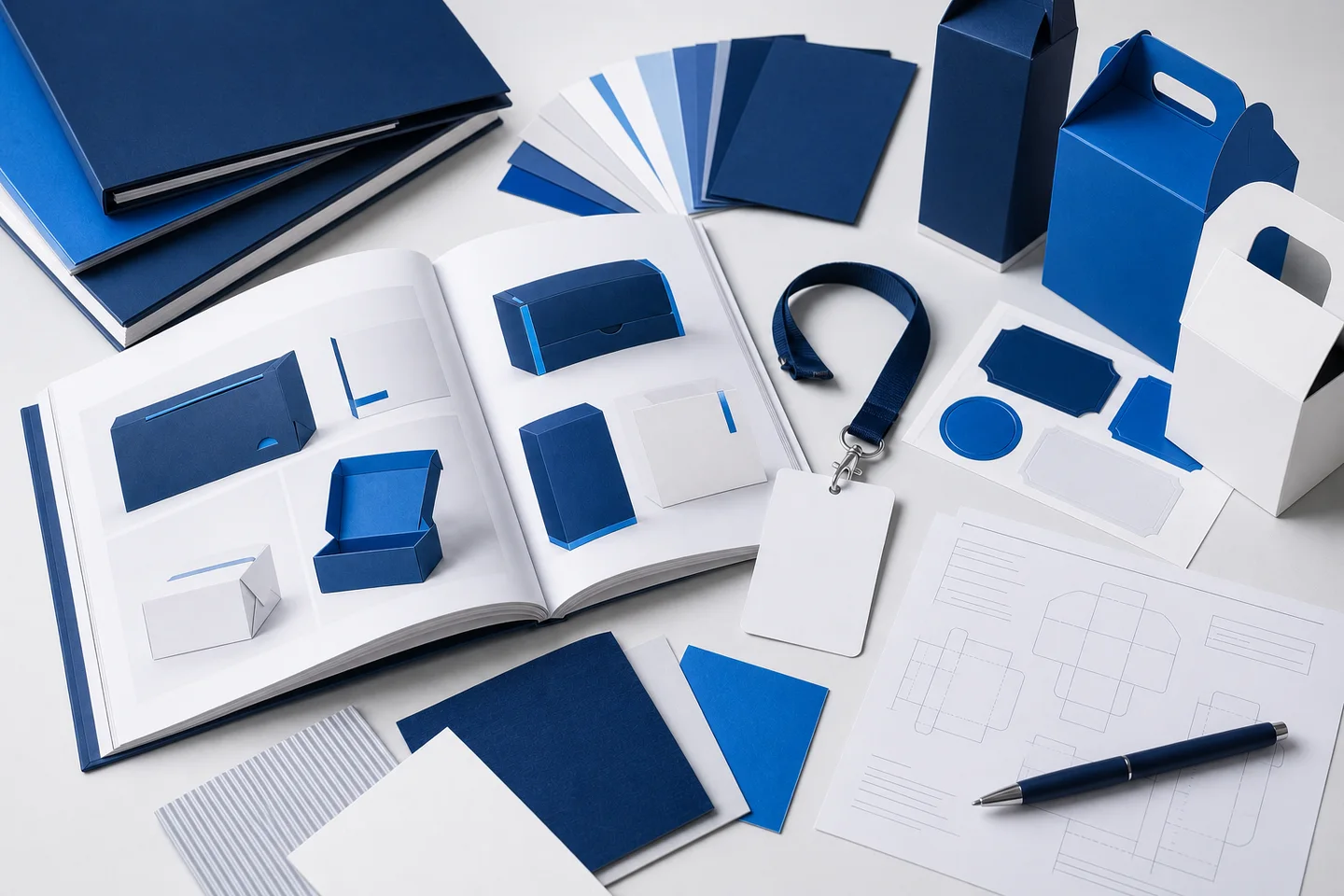 Échantillons d’emballage, catalogue et brief technique préparés pour un salon professionnel