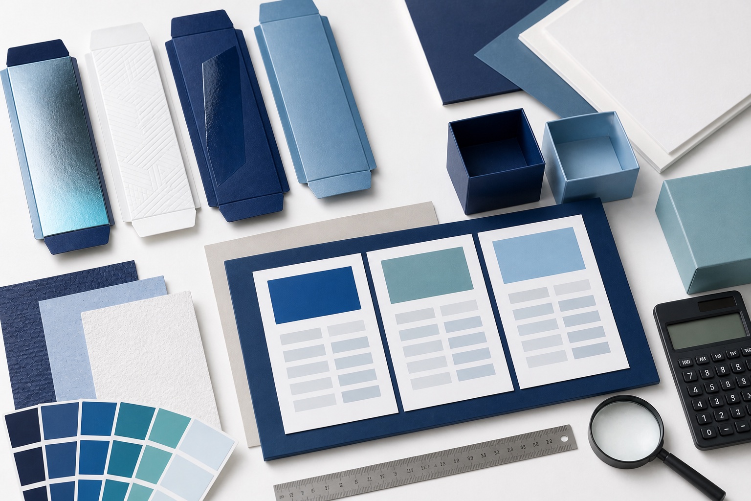 Blue and white procurement desk for comparing printing quotations