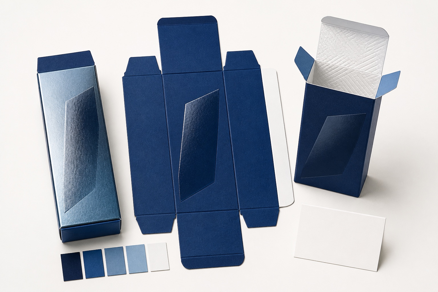 Blue and white carton, dieline and folding samples