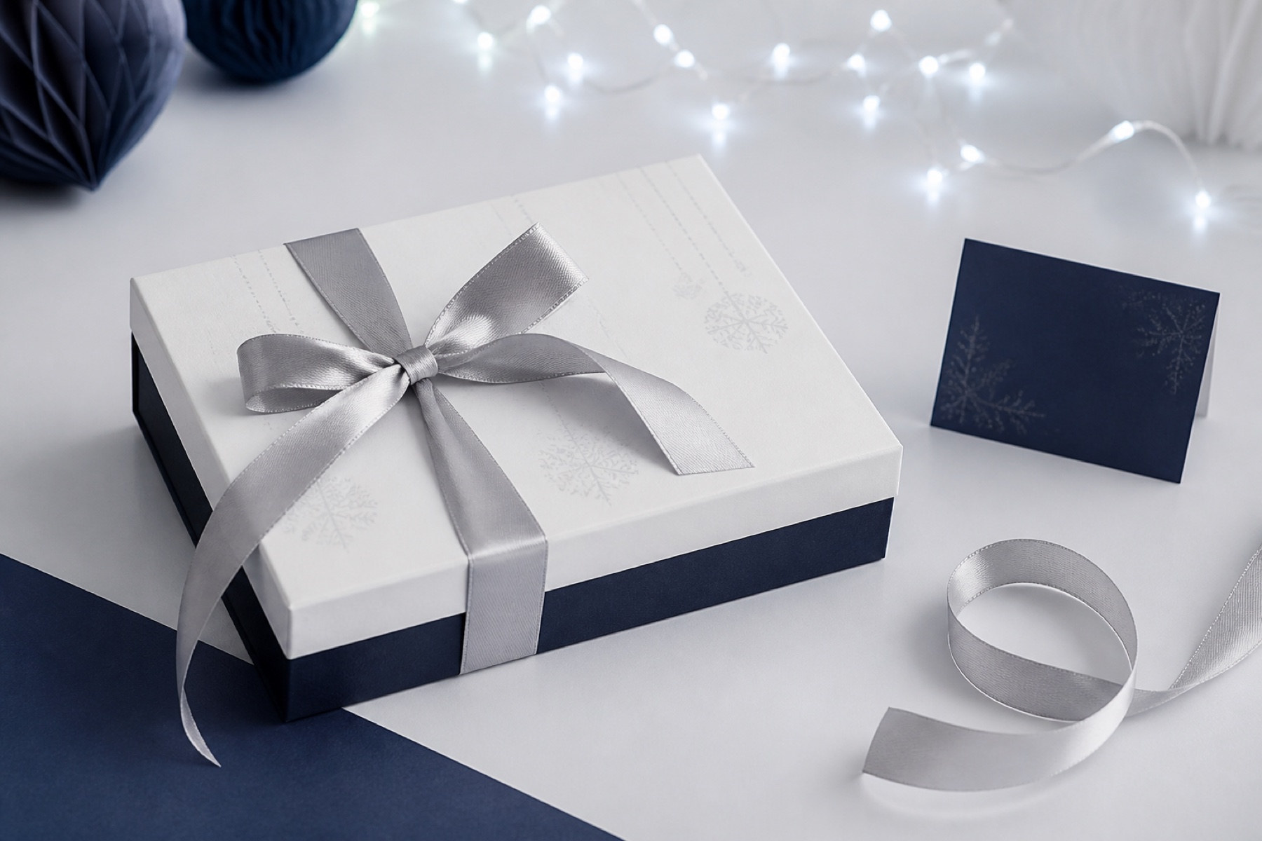 Restrained New Year arrangement of unbranded white corporate gift boxes with a blue ribbon