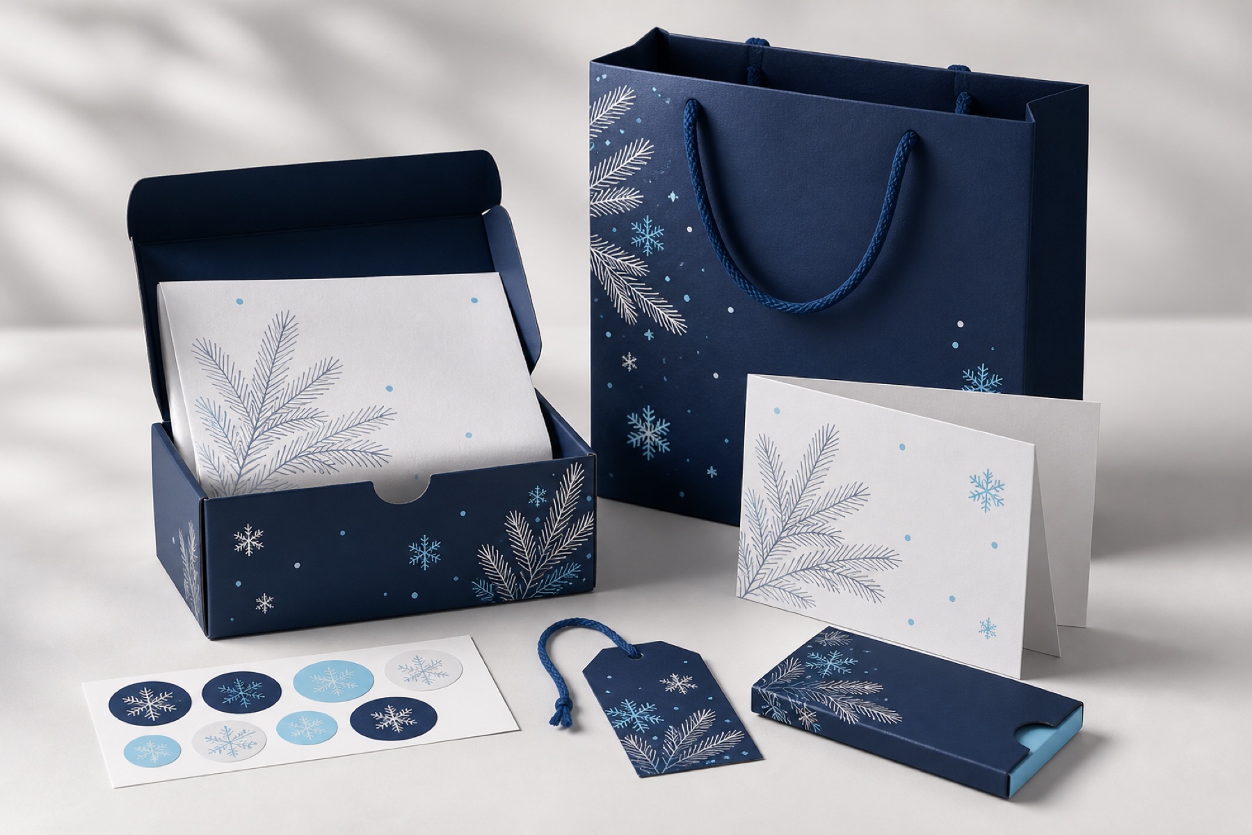 Ensemble promotionnel sans marque composé d’une boîte, d’un sac papier, d’une étiquette et d’une carte dans un même univers bleu et blanc